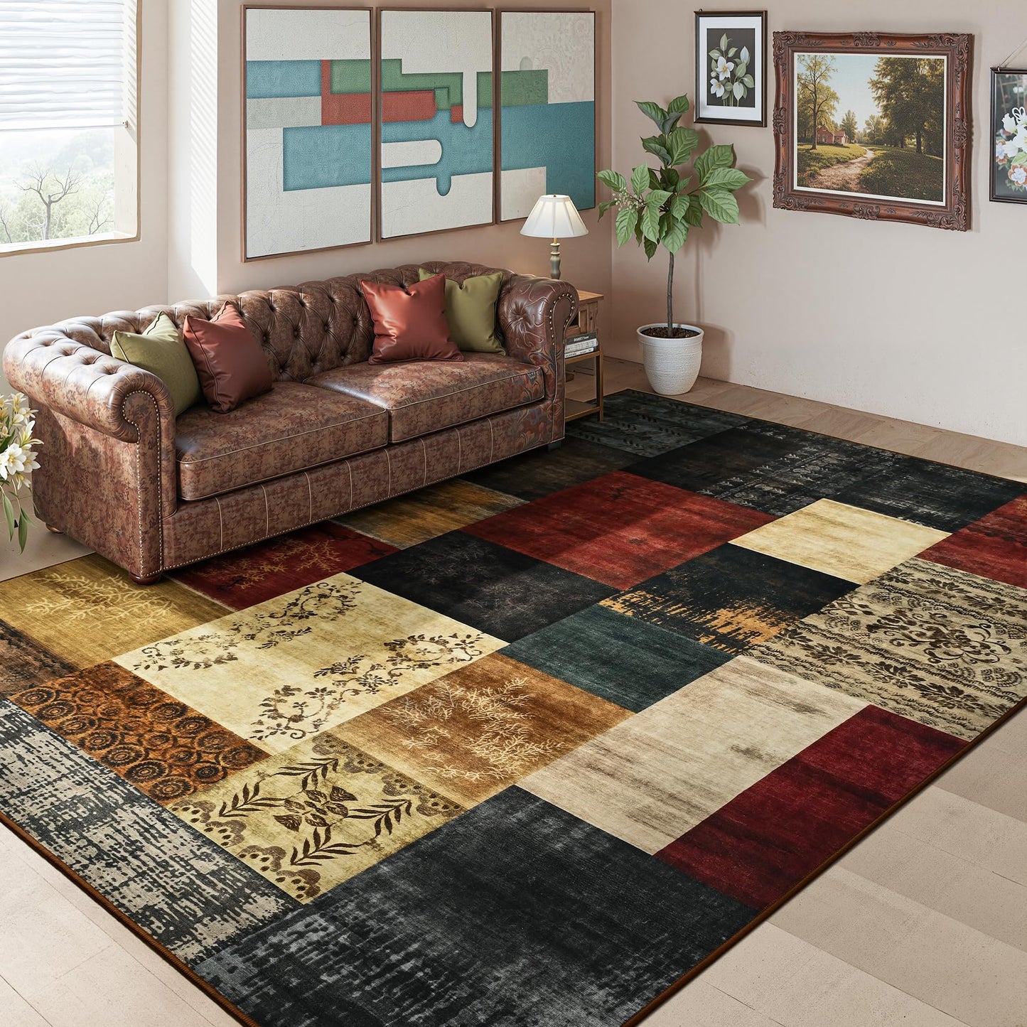 Tepook Modern Area Rug for Living Room, 4x6 Geometric Large Rugs for Bedroom, Washable Patchwork Rug Indoor Non-Slip Throw Carpets for Dining Room Office Farmhouse Home Decor, Multi