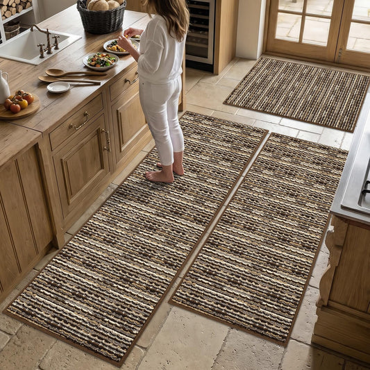 Kitchen Rugs Sets of 3 -Non Slip Kitchen Mats for Floor-Thick Stain Resistant Vintage Kitchen Floor Mat Runner Carpet for Hallways Entryway Laundry Room Washable（Brown, 22"x59"+20"x47"+20"x32"）
