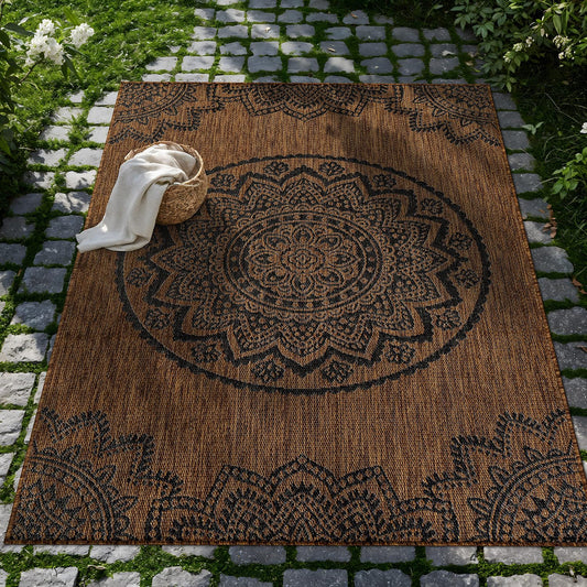CAMILSON Outdoor Rug 5x7 Modern Area Rugs for Indoor and Outdoor Patios and Porches - Waterproof Washable Non-Shedding Easy-to-Clean Outside Carpet (5 x 7 Medallion - Gold/Black)