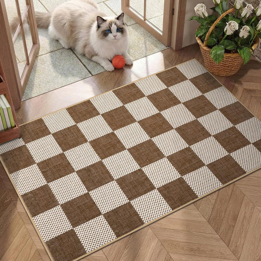 GarveeHome Checkered Terracotta Brown 2x3 Washbale Rug Door Mat Geometric Diamond Dot Modern Neutral Boho Soft Low-Pile Small Rug for Bedroom Entryway Bathroom Kitchen Non-Slip TPE Backing