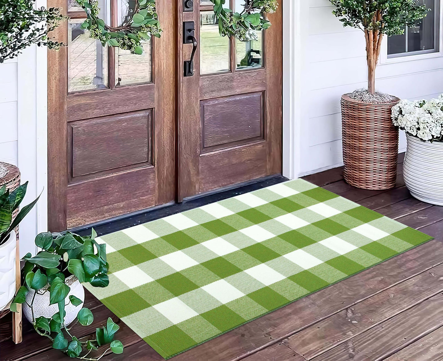 Buffalo Plaid Outdoor Rug 24''x51''Green and White Checkered Front Porch Rug Cotton Woven Washable Door Mat Outdoor for Layered Hello Welcome Door Mat Farmhouse Entryway
