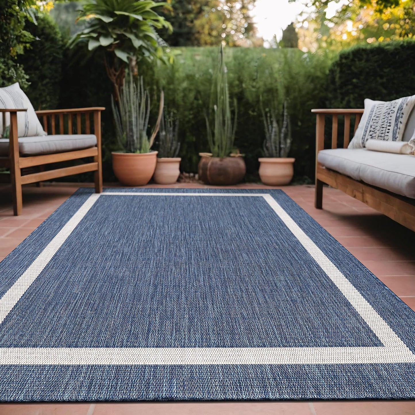 Luul Home Bordered Outdoor Rug 8x10 Washable Outside Carpet for Indoor Patio Porch Waterproof Easy Cleaning Non Shedding Area Rugs Blue 8 x 10