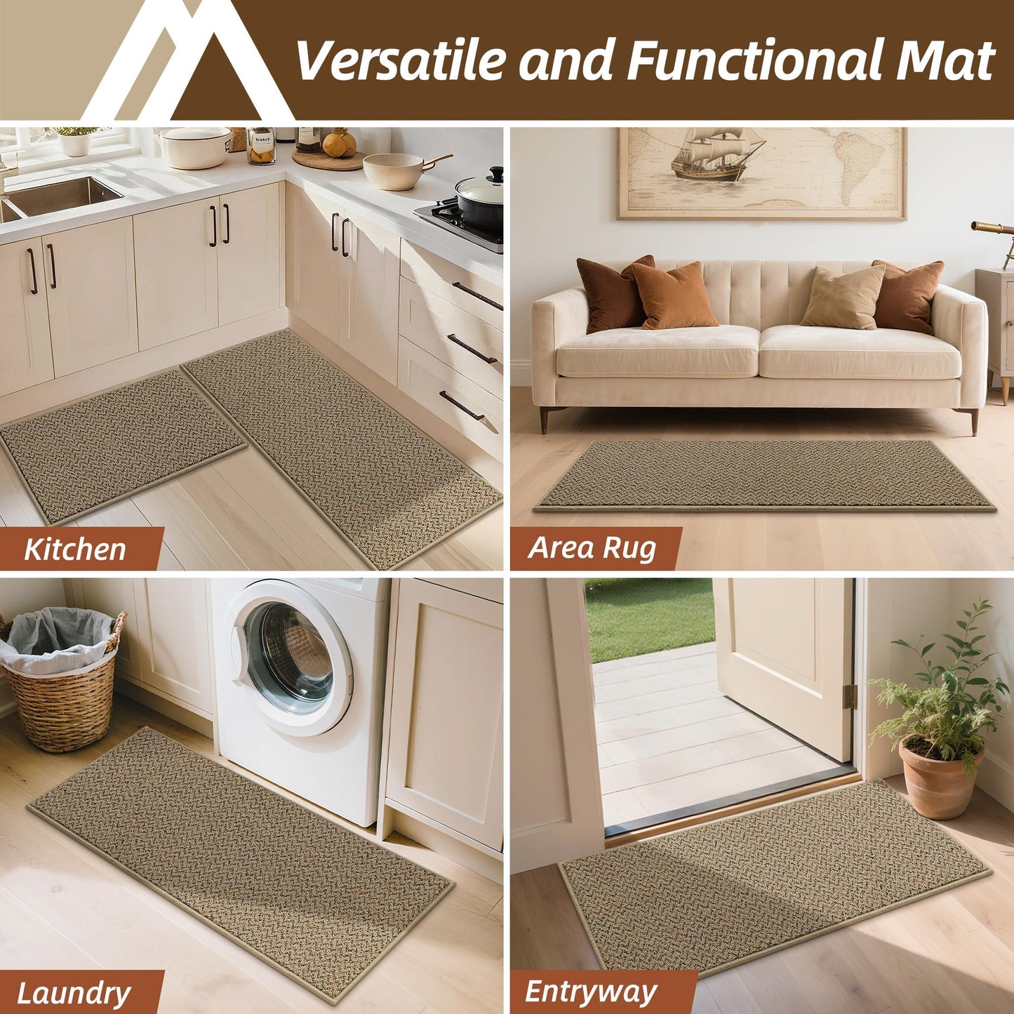 COSY HOMEER Kitchen Rugs Set of 2 Non-Slip Washable Kitchen Floor Mat Taupe