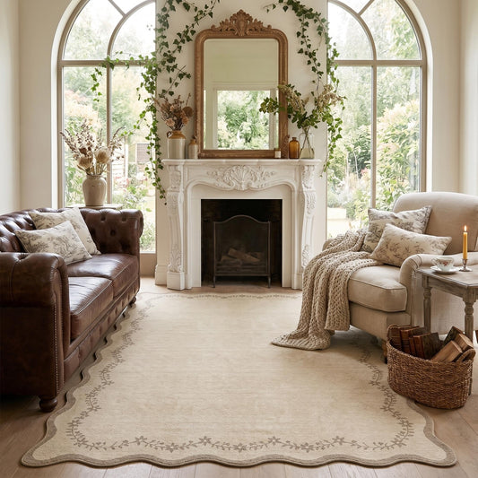 GarveeHome 5x7 Scalloped Area Rug Tan Jute Washable Rugs for Living Room Bedroom, Soft Low Pile Non Slip Accent Floor Mat Solid Floral Print Throw Rug Farmhouse Indoor Carpet for Dorm Playroom