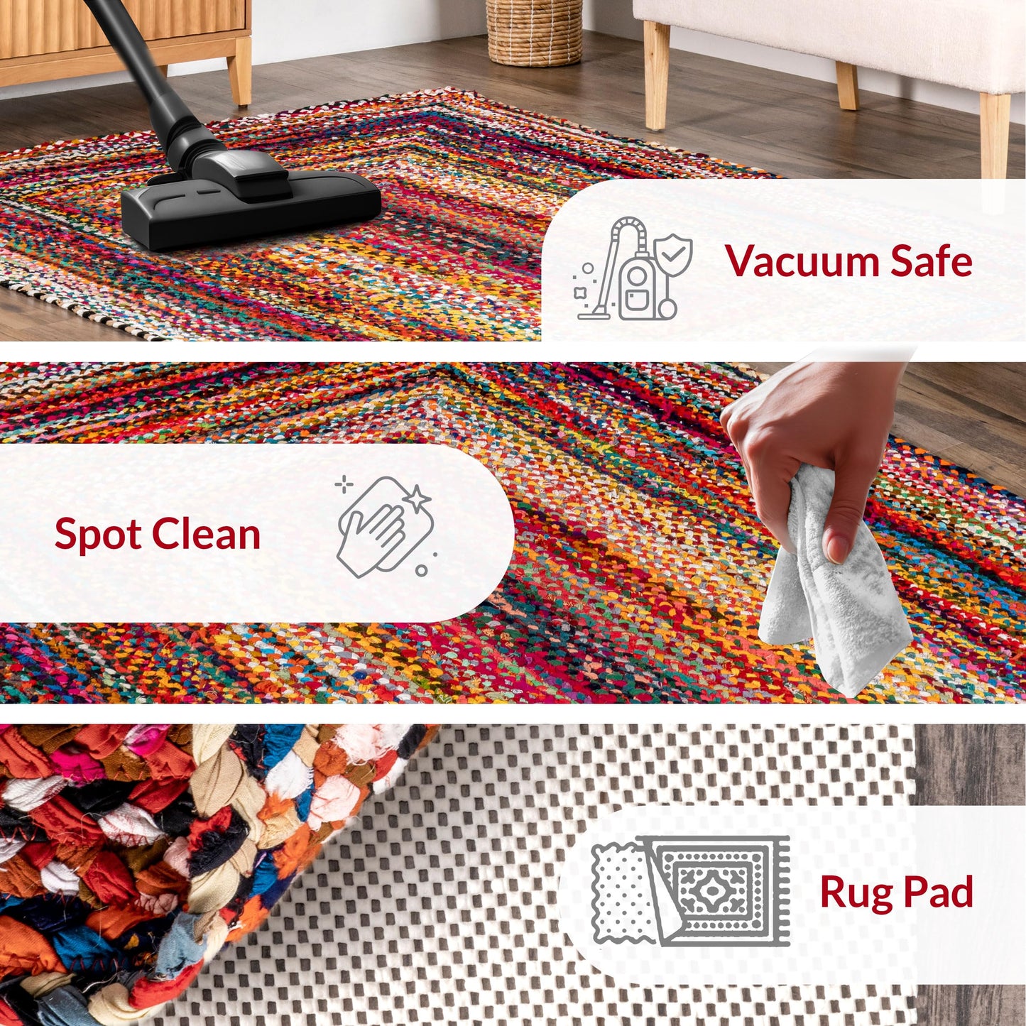 Nuloom Tammara Multicolor, 4' x 6', Hand Braided, Bohemian, Cotton, Soft and Cozy, High Traffic, Stain Resistant, Easy Clean, Durable Area Rug for Bedroom, Living Room, Dining, Den, Entryway