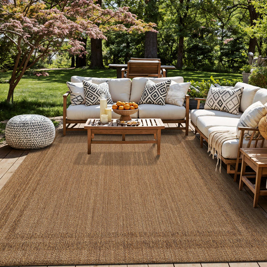 Rugshop Border Stripe Indoor Outdoor Flat Woven Area Rug,Natural Jute-Style,Easy-Care Patio Rug for Backyard Porch Deck Balcony, 7'10" x 10' Natural/Jute