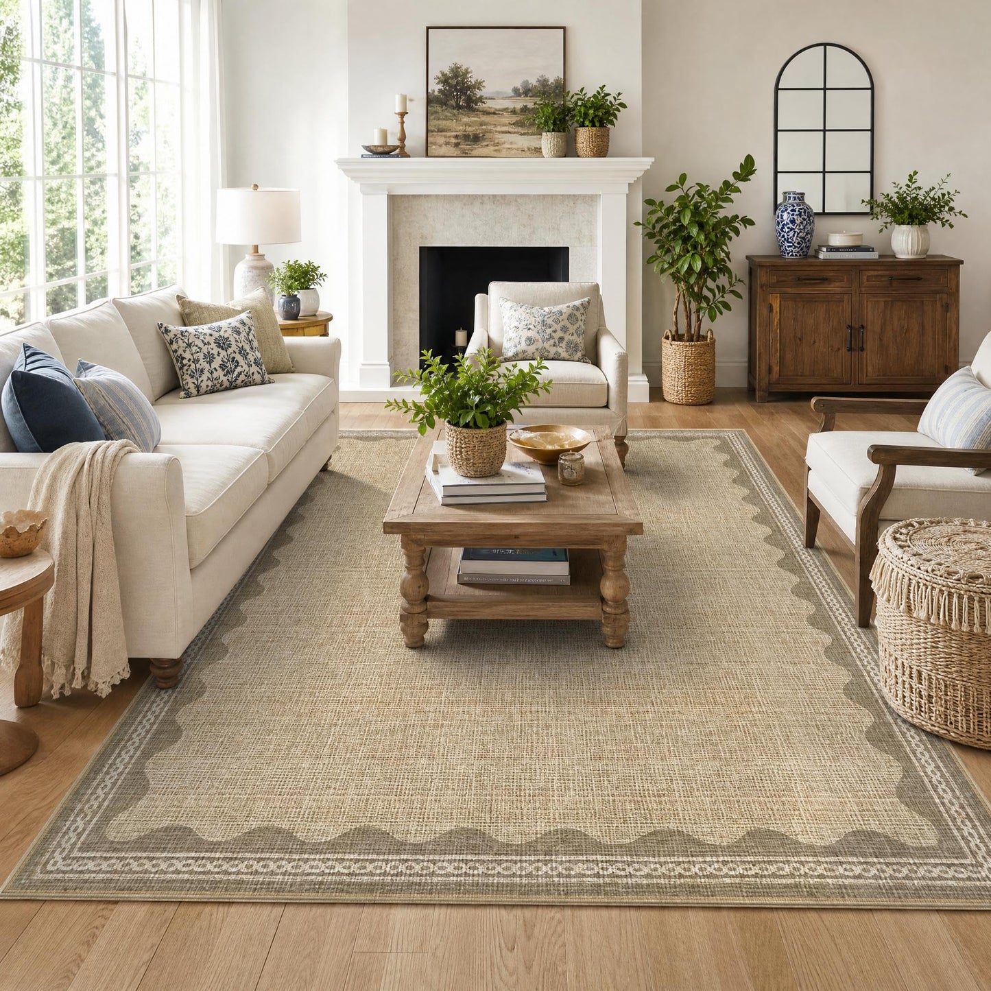 GarveeHome Washable Rugs 5x7 Rug for Living Room, Scalloped 5 x 7 Rug Solid Tan Jute Digital Printing Modern Low-Pile Carpet for Bedroom Dining Nursery Non Slip Mat with Rubber Back