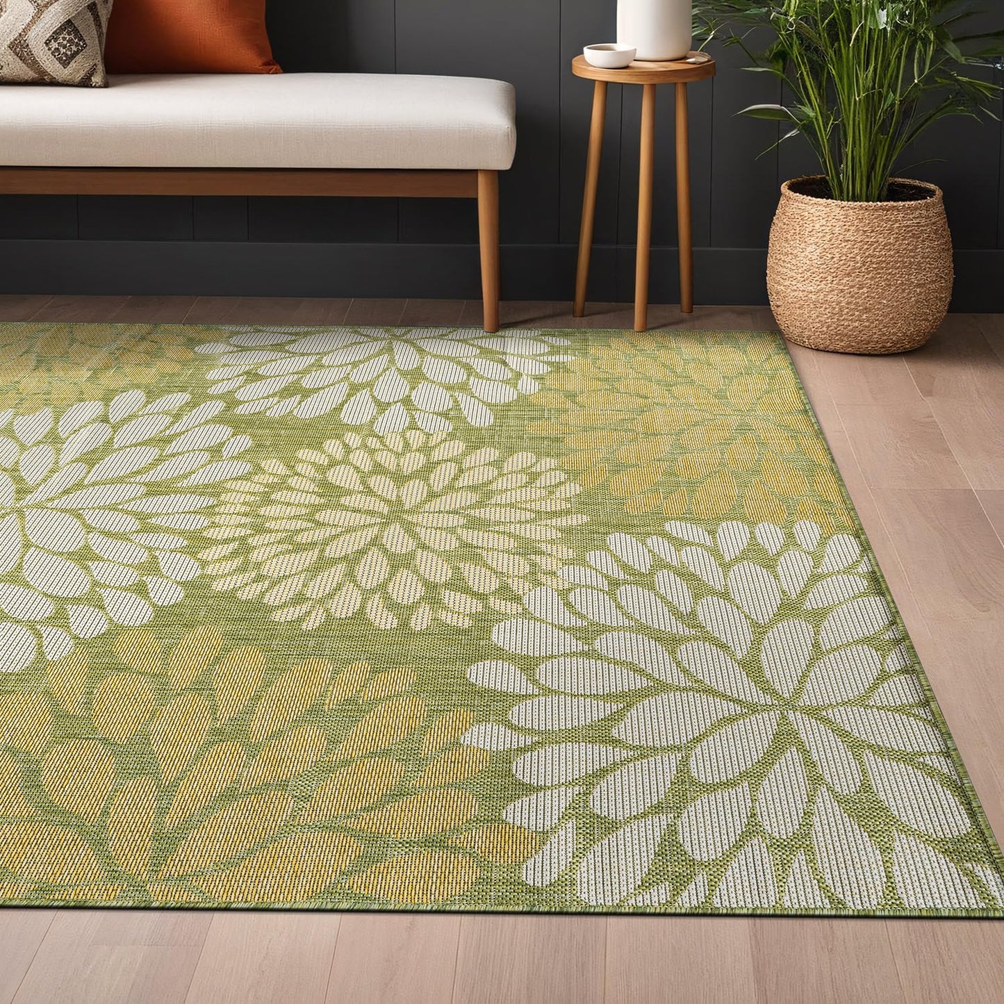 Beverly Rug Outdoor Rug 5x7 Modern Exotic Tropical Leaf Area Rugs for Indoor and Outdoor Patio Deck Porch Garden Water Resistant Washable Outside Carpet (5 x 7 Green)