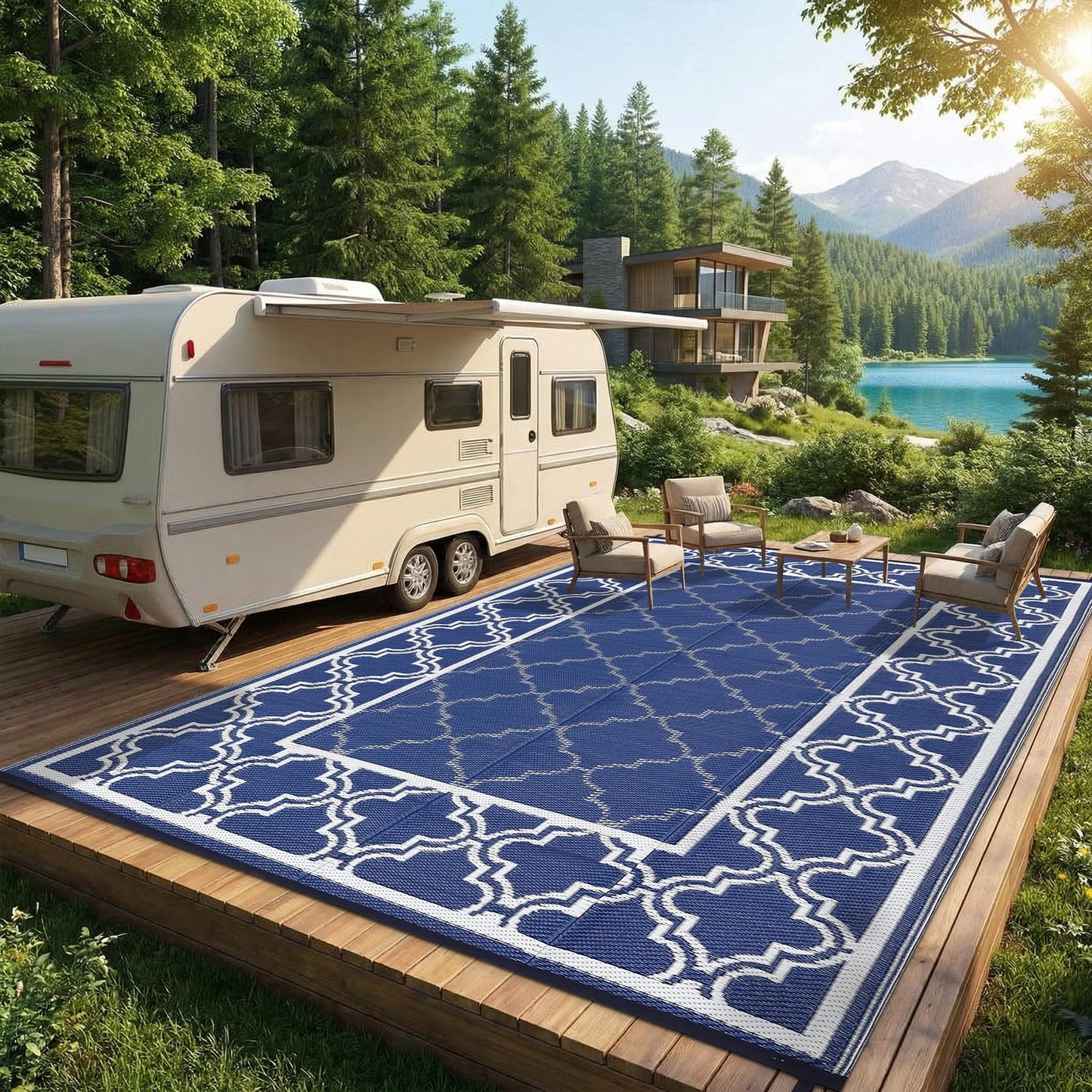 Garvee Reversible Outdoor Rug 9x12, Waterproof Outdoor Plastic Straw Rug with Interlacing Pattern, RV Mat for Picnics, Patio, Camping, Balcony, Deck, Backyard, Porch, Blue
