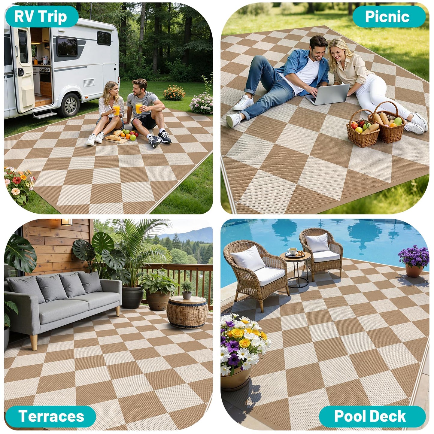 HEBE Checkered Outdoor Rug Waterproof 8x10, Reversible Plastic Straw Rug RV Camping Rug, Indoor Outdoor Patio Mat Clearance, Outside Carpet for Porch,Deck,Camper,Balcony,Backyard,Picnic