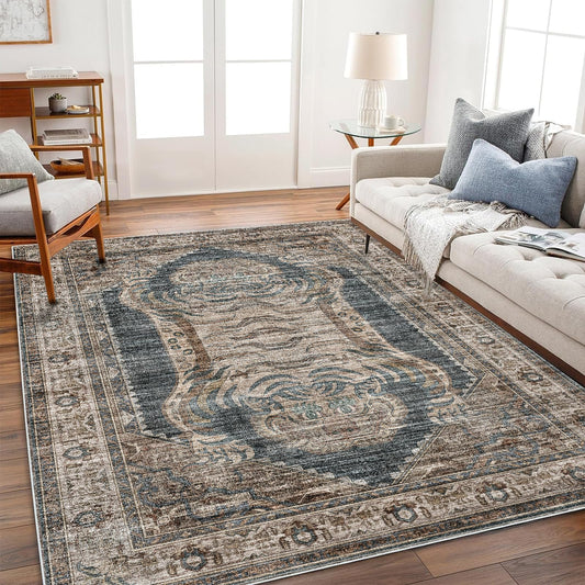 CHAMPLANT Area Rug 6'x9' Washable Vintage Traditional Floor Cover Thin Retro Kitchen Indoor Distressed Non Slip Carpet for Living Room Bedroom Dining Room