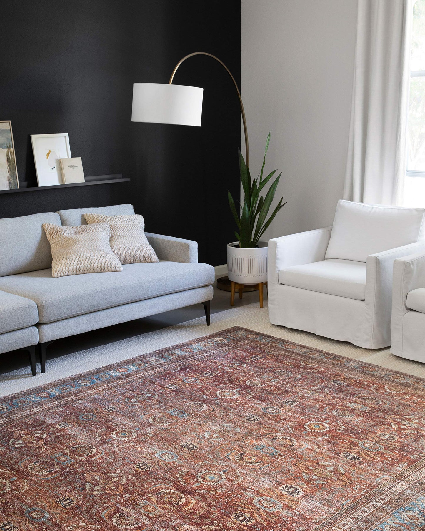 Loloi Layla Collection LAY-01 Brick/Blue 7'-6" x 9'-6" .13" Thick Area Rug, Soft, Durable, Vintage Inspired, Distressed, Low Pile, Non-Shedding, Easy Clean, Printed, Living Room Rug