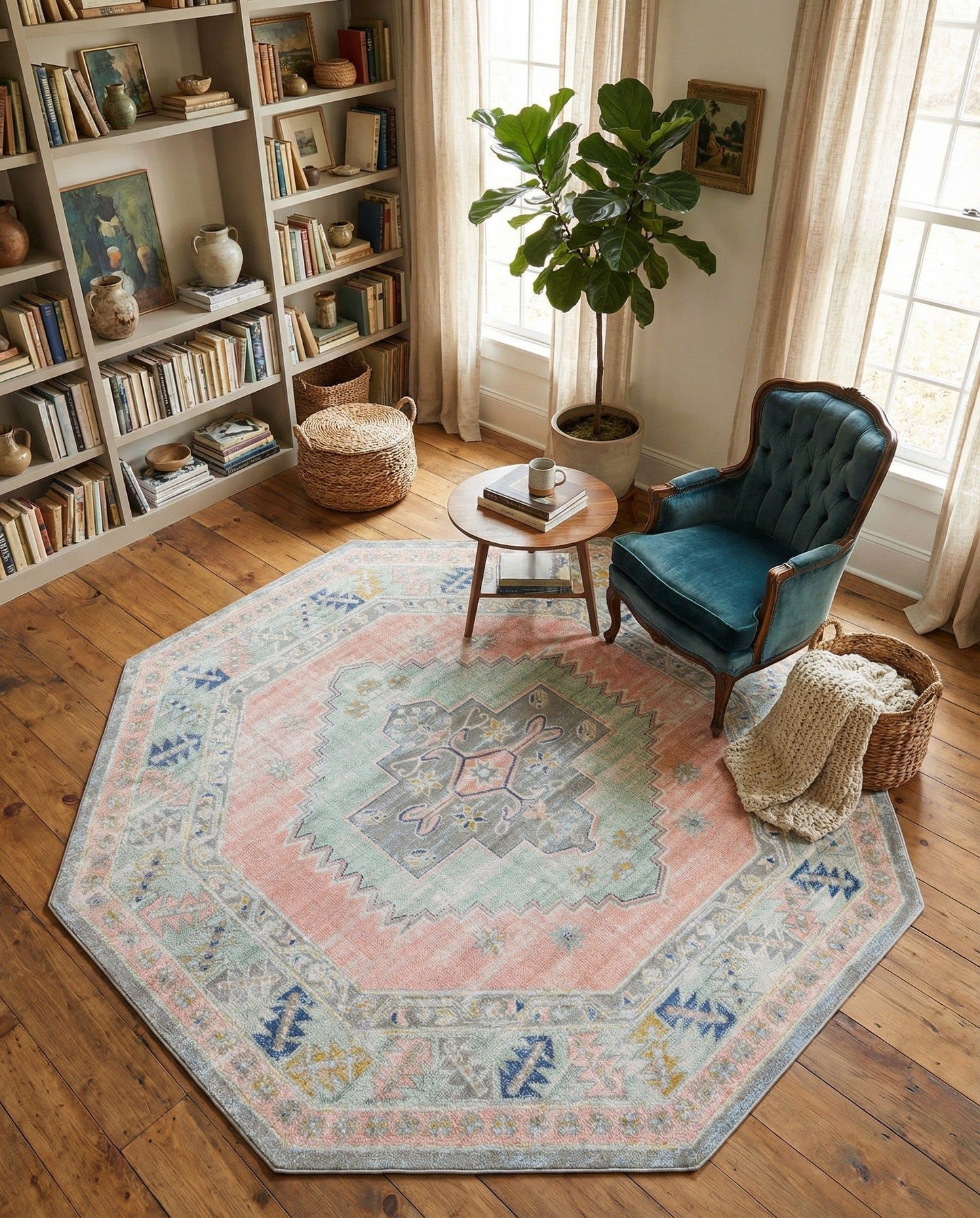 Rugs.com - Whitney Collection Rug – 8 Ft Octagon Pink Easy-Clean Flatweave Rug Vintage Medallion Design for Living Rooms, Dining Rooms, and Entryways