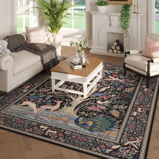 Rugcomf Area Rugs 5x7 Vibrant Tree of Life-Patterned Vintage Washable Area Rug Non Slip Low Pile Large Rugs for Living Room Bedroom Farmhouse Dining Room Kids Playroom, Black