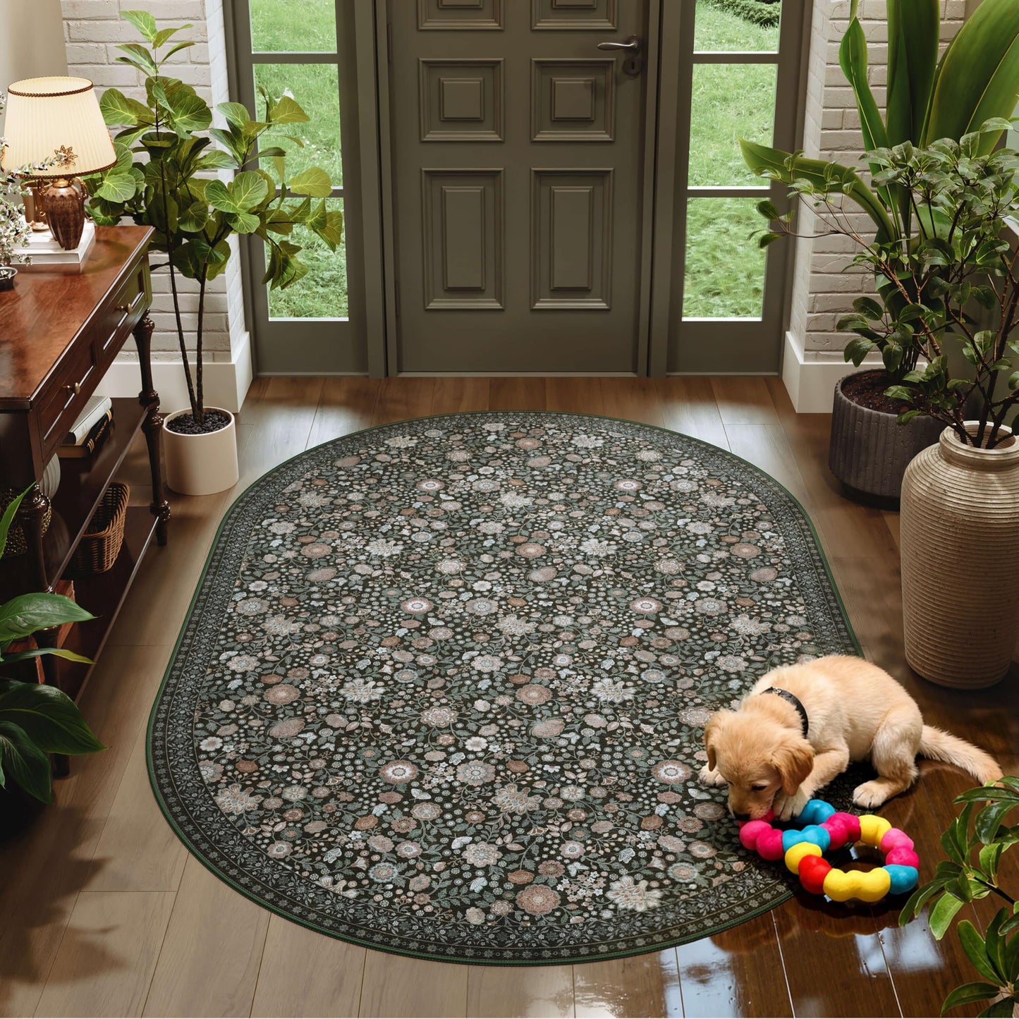 Clemile Floral Oval Rug 4x6 - Washable Ultra-Thin Living Room Rug Non-Slip Carpets - Soft & Stain Resistant Rug for Kitchen Bedroom Dining Room Indoor Nursery Dark Green