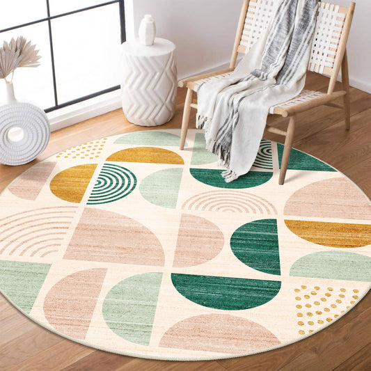 MUJOO Round Rug 4ft,Small Circle Area Rug Washable,Circular Rugs for Entryway Bedroom Kitchen,Boho Non Slip Throw Floor Carpet Modern Abstract Sage Green