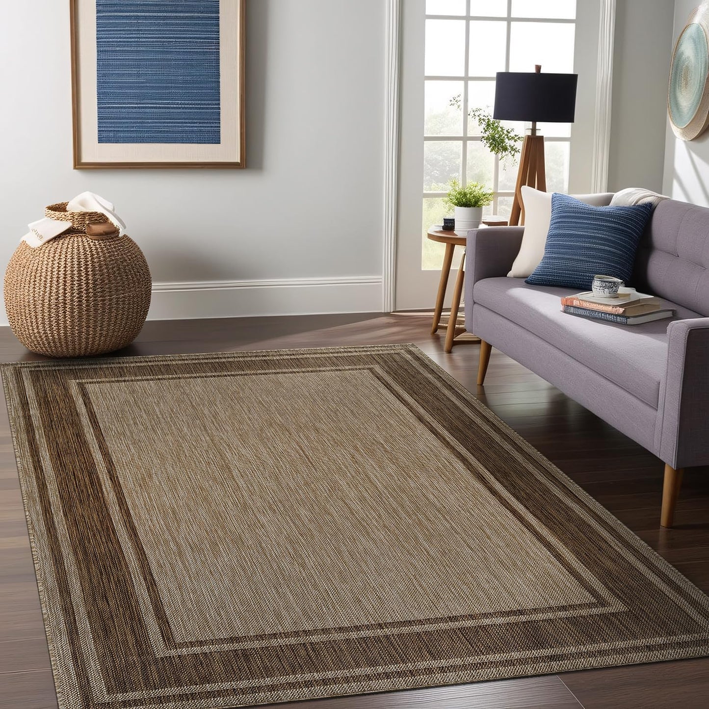 Beverly Rug Outdoor Rug 5x7 Modern Bordered Area Rugs for Indoor and Outdoor Patio Deck Porch Garden Waterproof Weather Sun Resistant Washable Outside Carpet (5 x 7 Jute)
