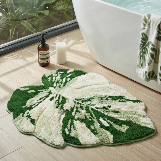 VivaNest Luxury Sage Green Leaf Bathroom Mat Monstera, 32.3"x36.6" Extra Soft, Absorbent Washable Tufted Bath Rug, Non-Slip TPR Backing, Plush Shaggy Bath Carpet for Floor, Bathtub