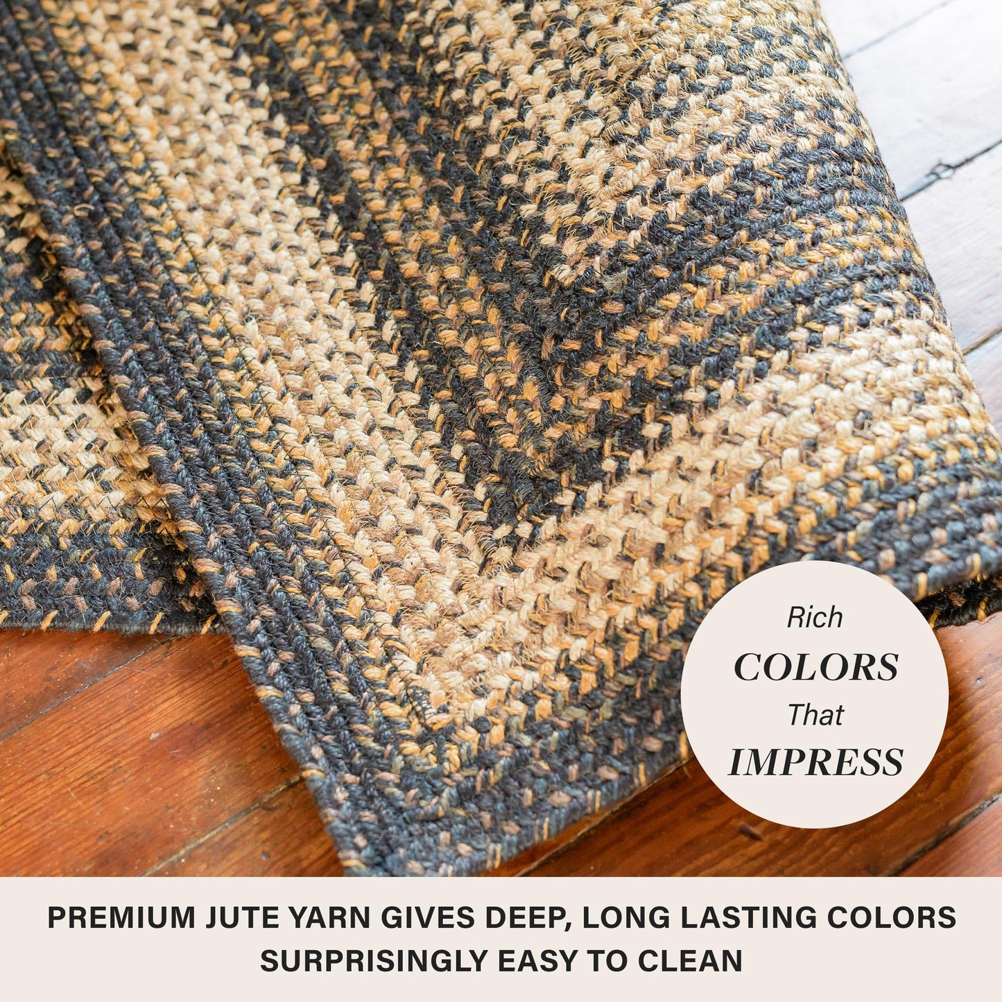 Kilimanjaro Jute Braided Rug 2x3' Black & Tan – Primitive Country Braided Rugs for Bathroom, Entryway, Kitchen & Farmhouse – Pet-Friendly, Reversible & No-Shed