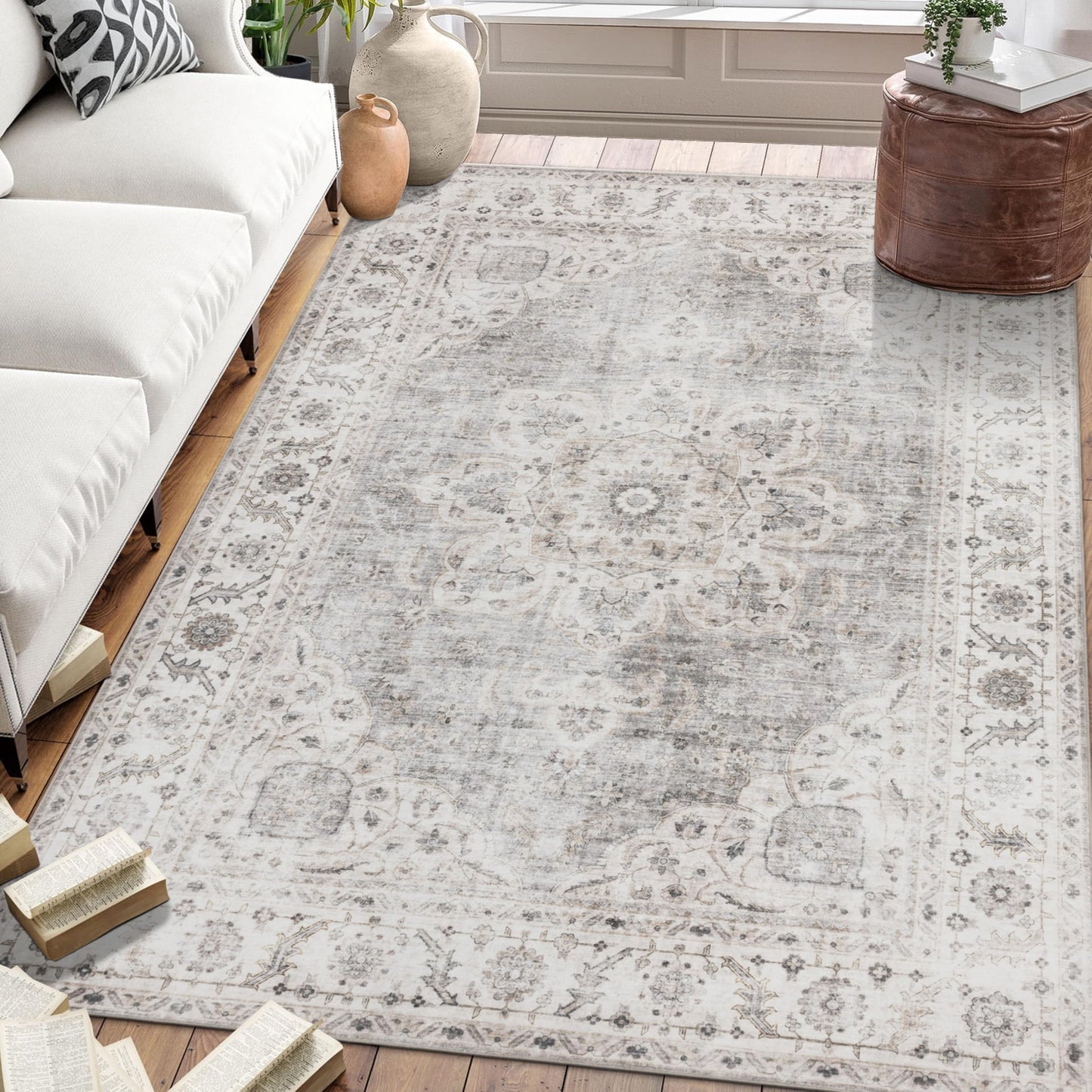 ReaLife Rugs Machine Washable Area Rug - Stain Resistant,Non-Shed - Eco-Friendly,Non-Slip, Family & Pet Friendly - Made from Premium Recycled Fiber - Vintage Bohemian Medallion - Beige Ivory, 3' x 5'