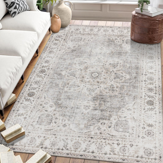ReaLife Rugs Machine Washable Area Rug - Stain Resistant,Non-Shed - Eco-Friendly,Non-Slip, Family & Pet Friendly - Made from Premium Recycled Fiber - Vintage Bohemian Medallion - Beige Ivory, 3' x 5'