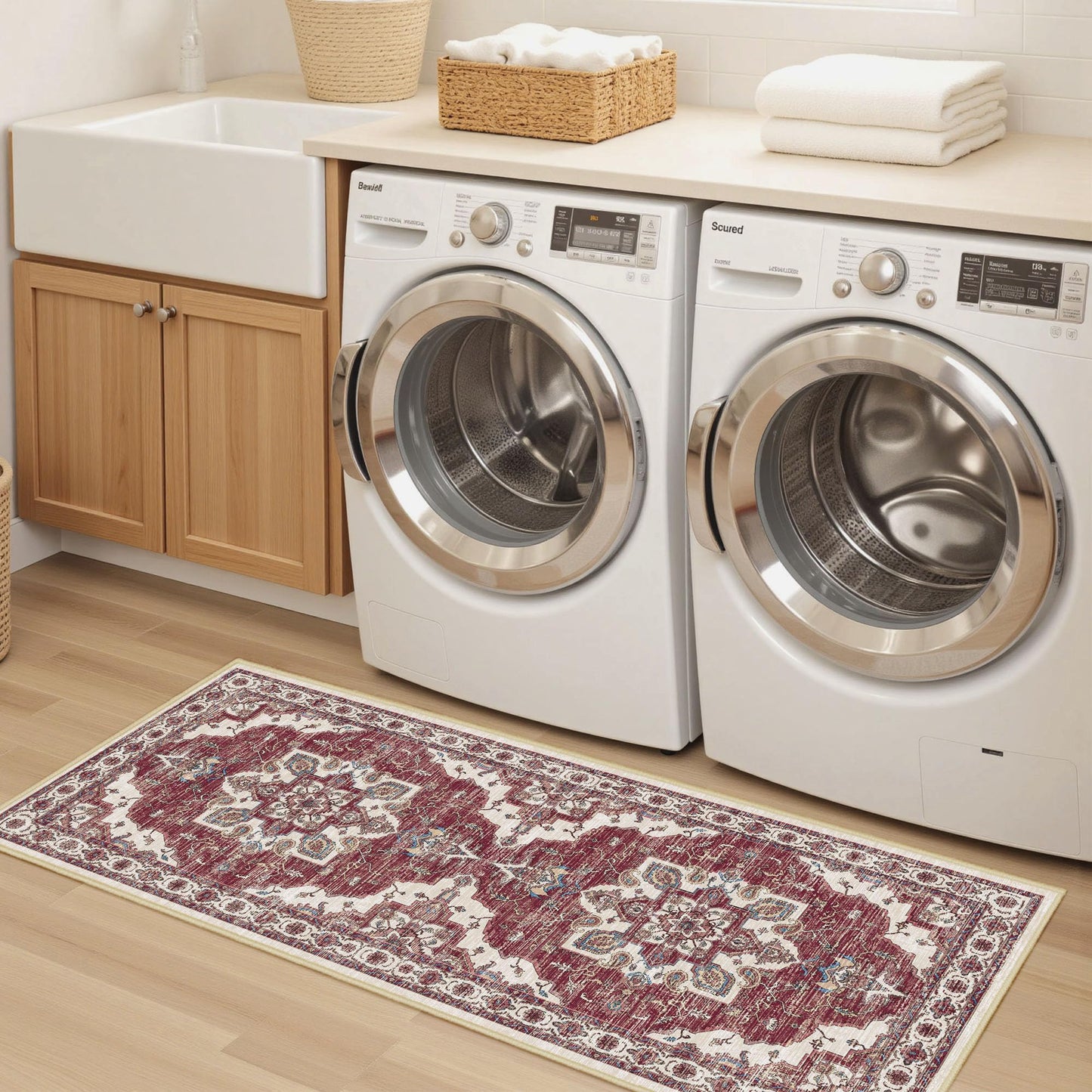 Tritard Non Slip Kitchen Rugs Sets of 3 Washable Kitchen Rug Boho Kitchen Mats for Floor Soft Kitchen Runner Rug Non Skid Kitchen Floor Carpet for Entryway Hallway Laundry Room, Brick Red