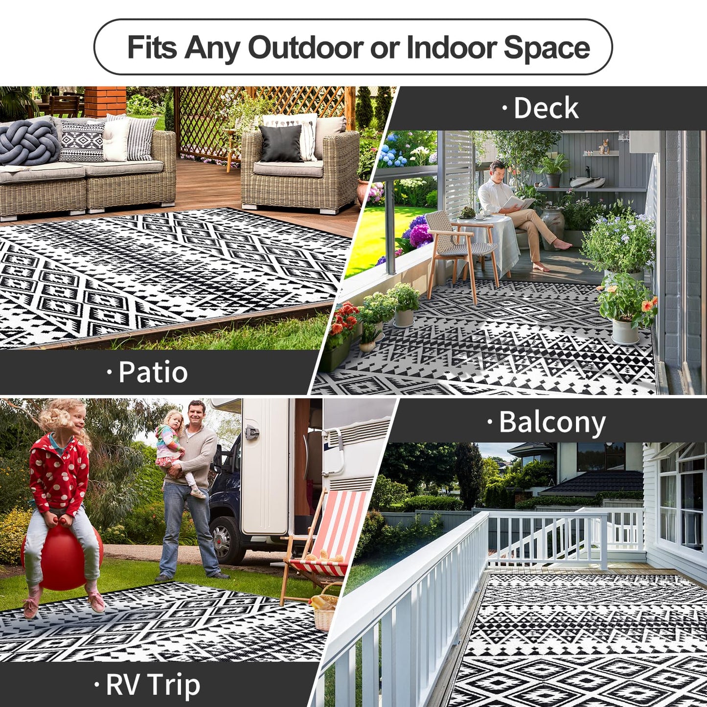 Waterproof Outdoor Rug 6x9ft, Bohemia Reversible Plastic Straw Mat for Patio RV Deck Porch Backyard Balcony Camping Picnic Beach Indoor Outdoor Carpet, Black&White