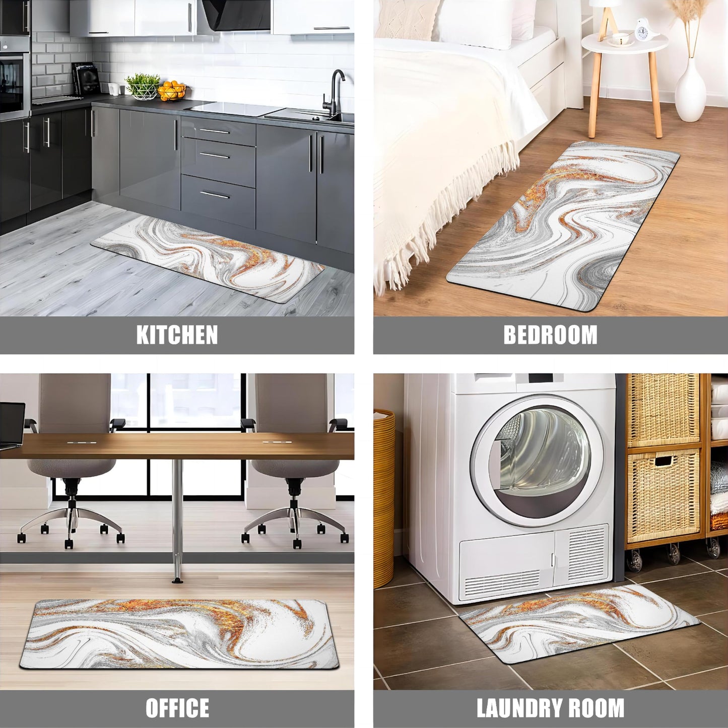 tubeamin Kitchen Mats for Floor Anti Fatigue Floor White Marble Cushioned Memory Foam Non Slip PVC Leather Padded Comfort Standing Rugs Set of 2, 17.3x28+17.3x47 Inch, 0.4 Inch Thick