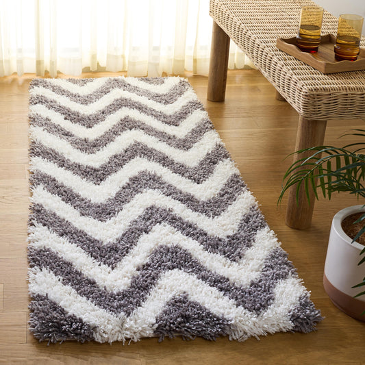 SAFAVIEH Chevron Shag Collection Runner Rug - 2'3" x 10', Ivory & Grey, Handmade, 1.2-inch Thick Ideal for High Traffic Areas in Living Room, Bedroom (SG250C)