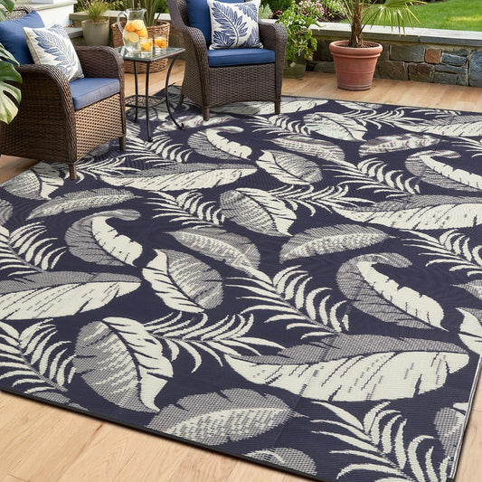 OPPODREAM Reversible Outdoor Rug 5x7, Waterproof Outdoor Plastic Straw Rug for Patio, Tropical Leaf RV Camping Rugs for Outside, Deck, Balcony, Porch, Backyard, Camping, Rv, Navy and Cream White