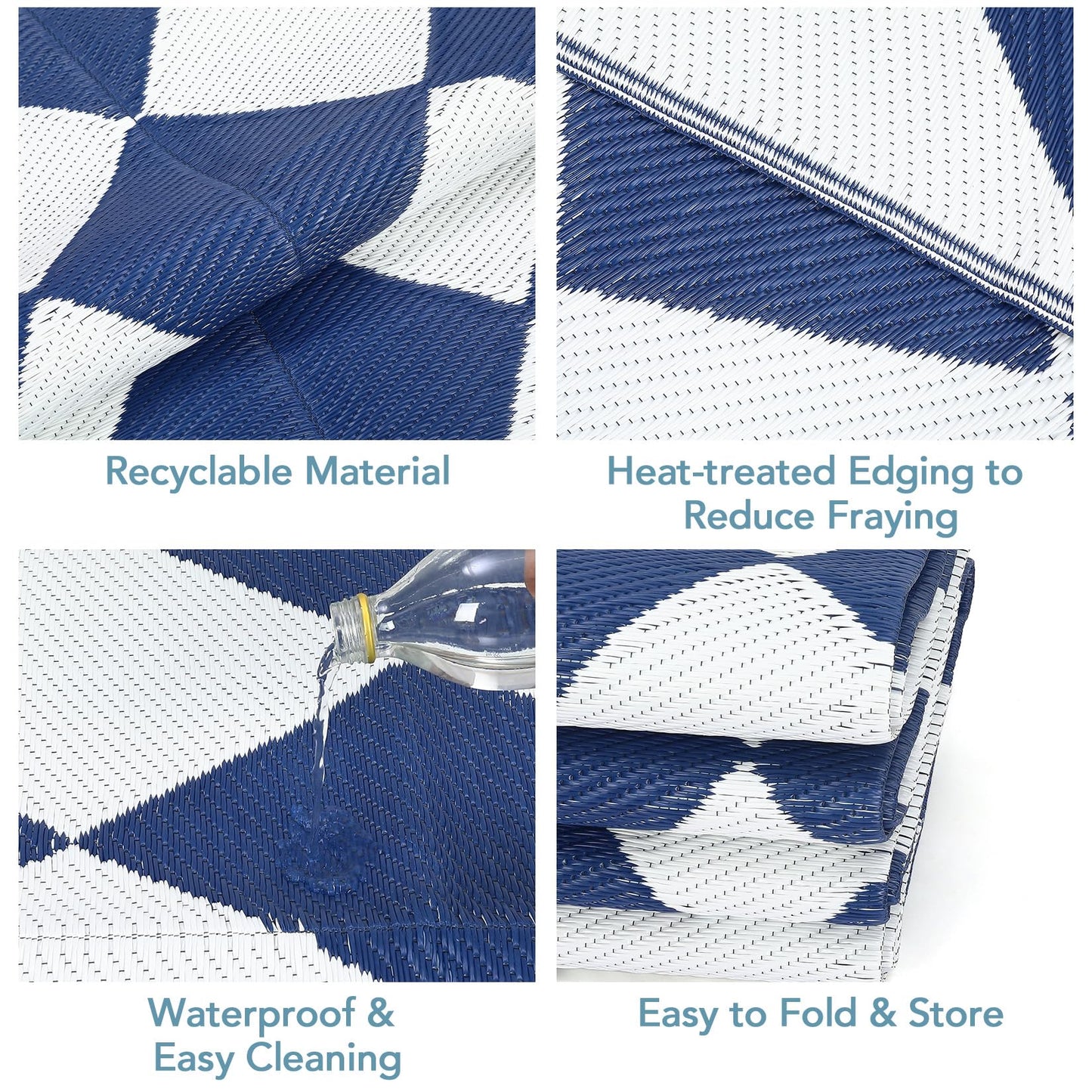 Garvee 9x12 Outdoor Rug for Patio Plastic Straw Rug Waterproof Reversible Mat Lightweight Foldable Carpet Easy Clean Large Rugs for Patio Porch Backyard Camping RV Beach Balcony Deck Checkered Navy