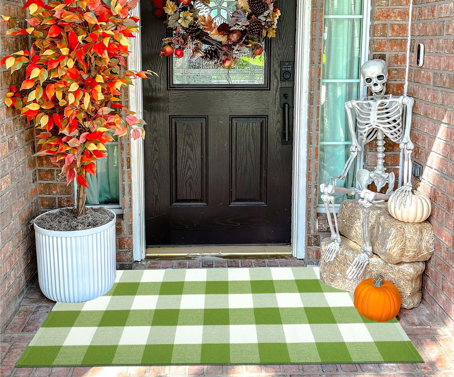 Buffalo Plaid Outdoor Rug 24''x51''Green and White Checkered Front Porch Rug Cotton Woven Washable Door Mat Outdoor for Layered Hello Welcome Door Mat Farmhouse Entryway
