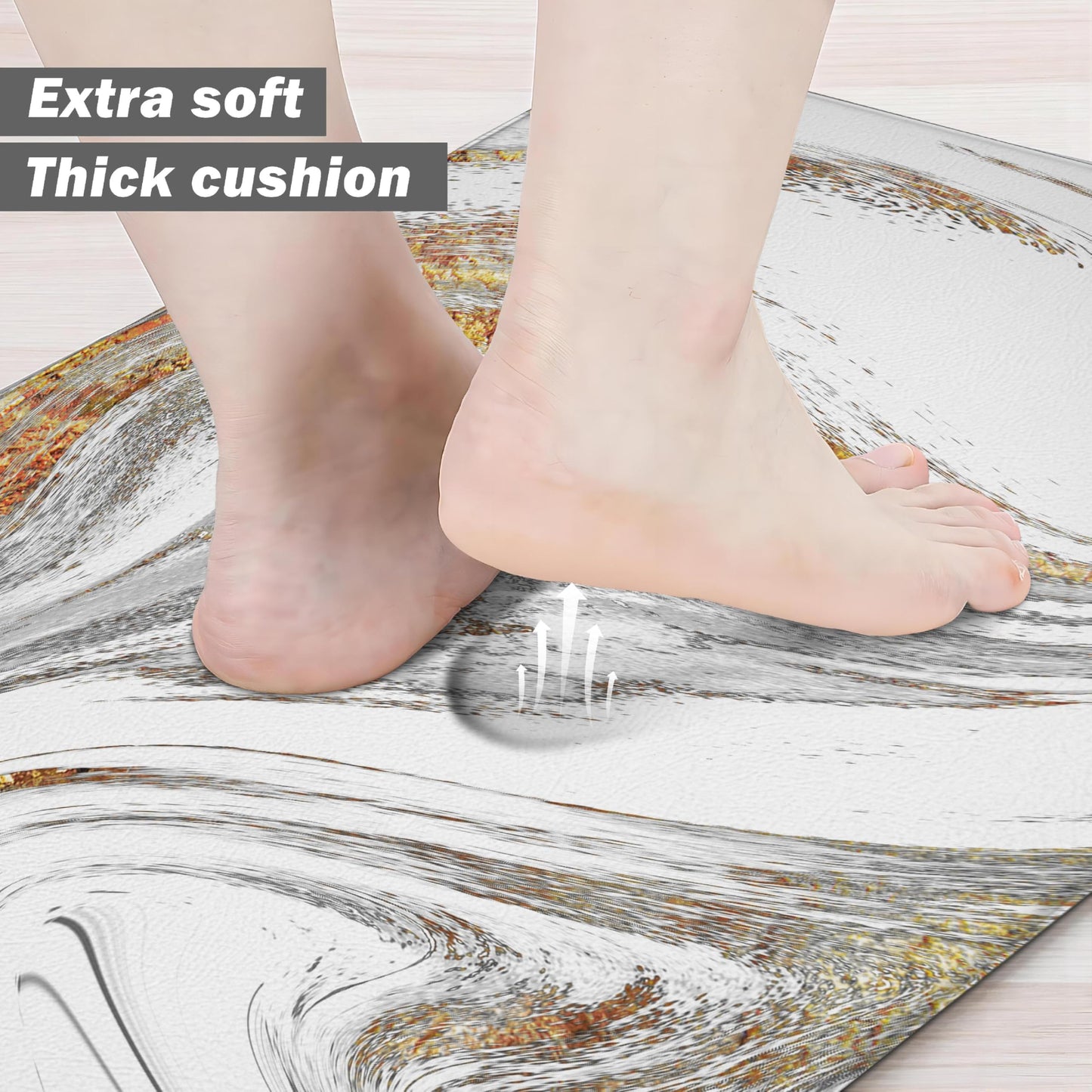 tubeamin Kitchen Mats for Floor Anti Fatigue Floor White Marble Cushioned Memory Foam Non Slip PVC Leather Padded Comfort Standing Rugs Set of 2, 17.3x28+17.3x47 Inch, 0.4 Inch Thick