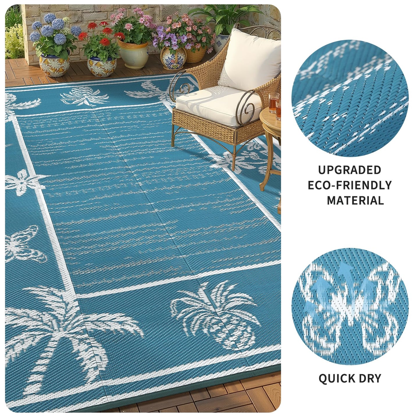 Garvee Outdoor Rug 5x8 Waterproof for Patios, Reversible Plastic Straw Rug, Tropical Leaf Indoor Outdoor Rugs, Large Area Rug for RV, Camping, Deck, Picnic Mat, Outside Carpet, Blue & White
