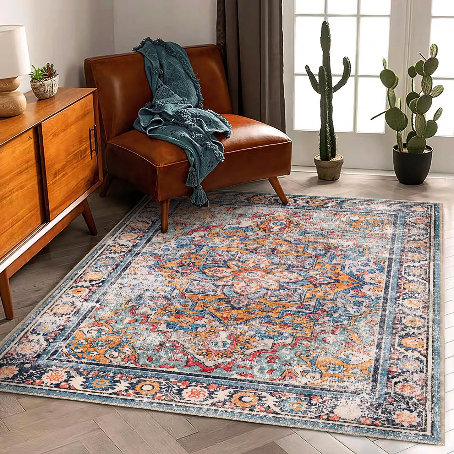 CHAMPLANT Washable Area Rug 5'x7' Retro Boho Chic Medallion Distressed Design Living Room Indoor Non-Slip Large Oriental Accent Throw Rug for Kitchen Bedroom Office Carpet