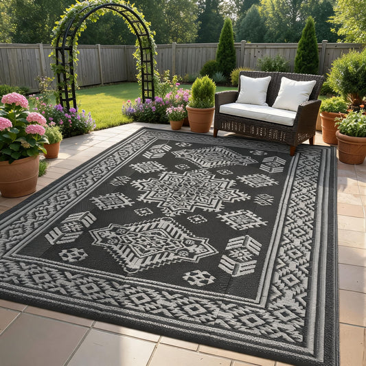 Garvee Outdoor Rug 8x10 Vintage Medallion Outdoor Rug Waterproof Patio Rugs Plastic Carpet RV Mat Carpet for Patio, Outside Entry, Backyard, Deck, Bench, Picnic, Camper，Black/Grey