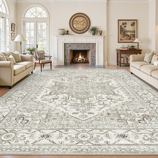 Living Room 10x14 Area Rugs, Washable Area Rug Stain Resistant Carpet Vintage Soft Rugs for Bedroom with Non Slip Backing Indoor Home Decor (10'x 14',Beige)