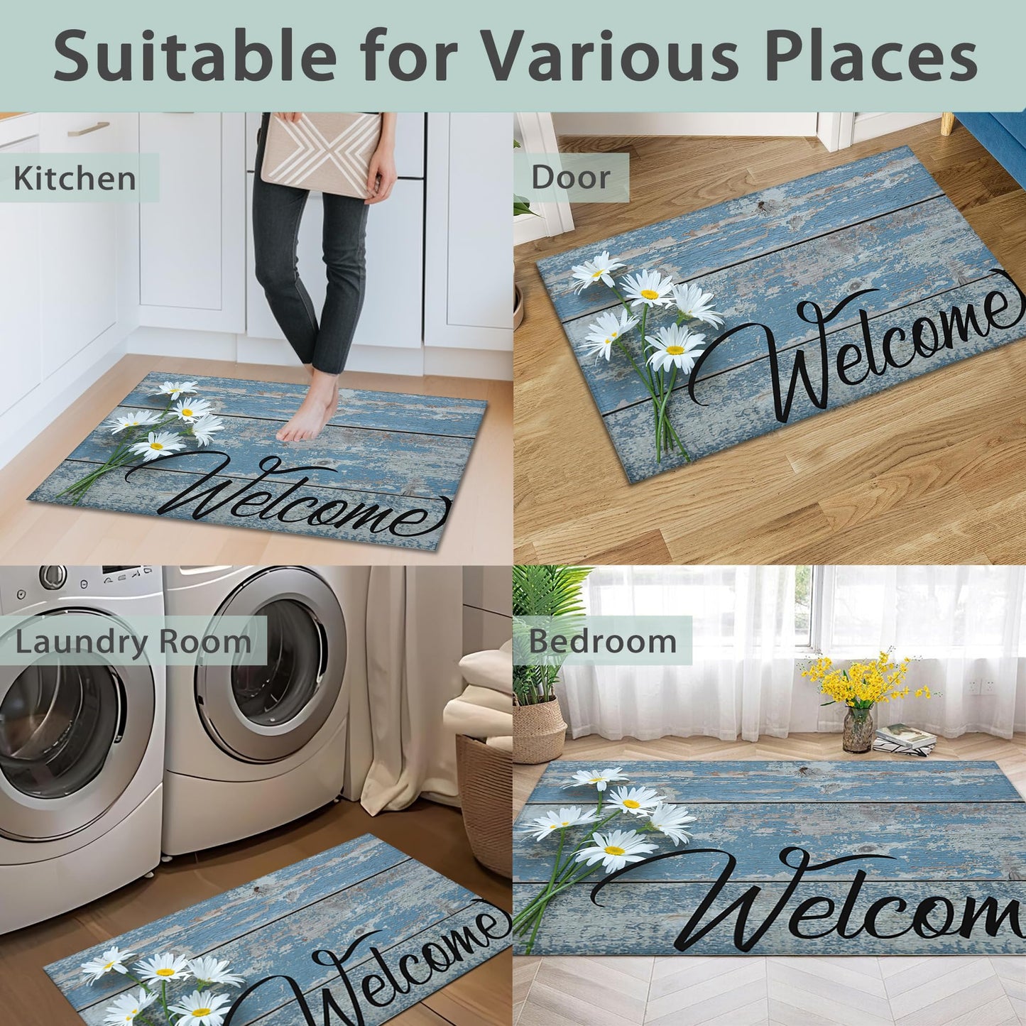 Retro Daisy Welcome Mats, Non-Slip Indoor Outdoor Door Mat for Home Entrance, Easy to Clean Floor Mat, 17 x 30 Inch for Entryway