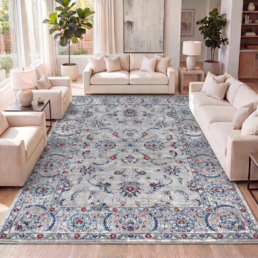 JONATHAN Y Modern Vintage Light Gray/Red Indoor Area Rug, 5x8, Country, Floral, Easy-Cleaning for Living Room, Bedroom, Kitchen, Pet Friendly, Non-Shedding (MDP107A-5)