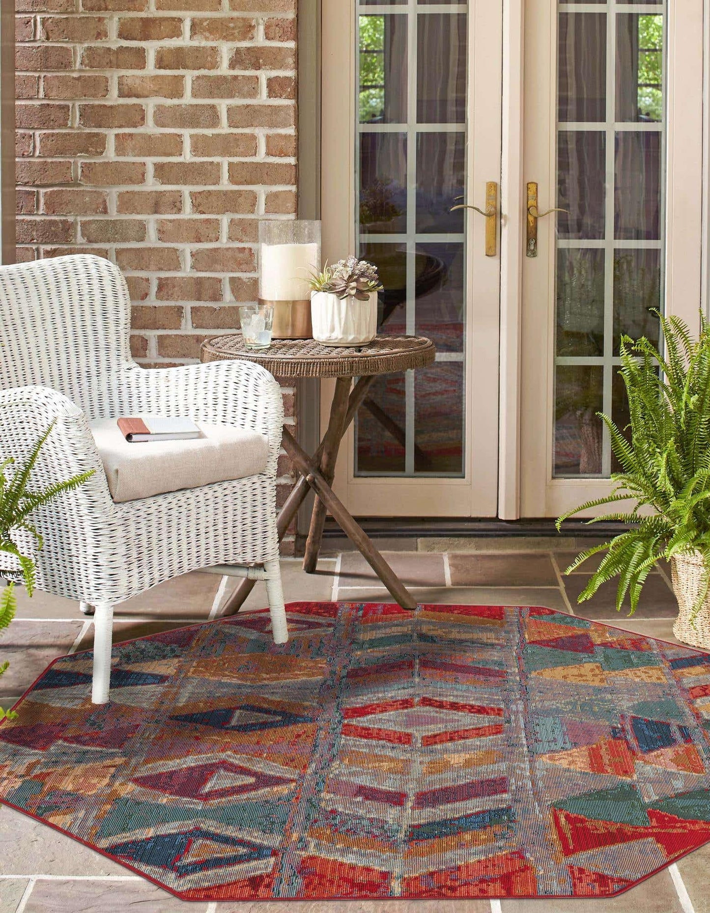Unique Loom Outdoor Modern Collection Area Rug - Tamarindo (4' 1" Octagon Multi/Burgundy)