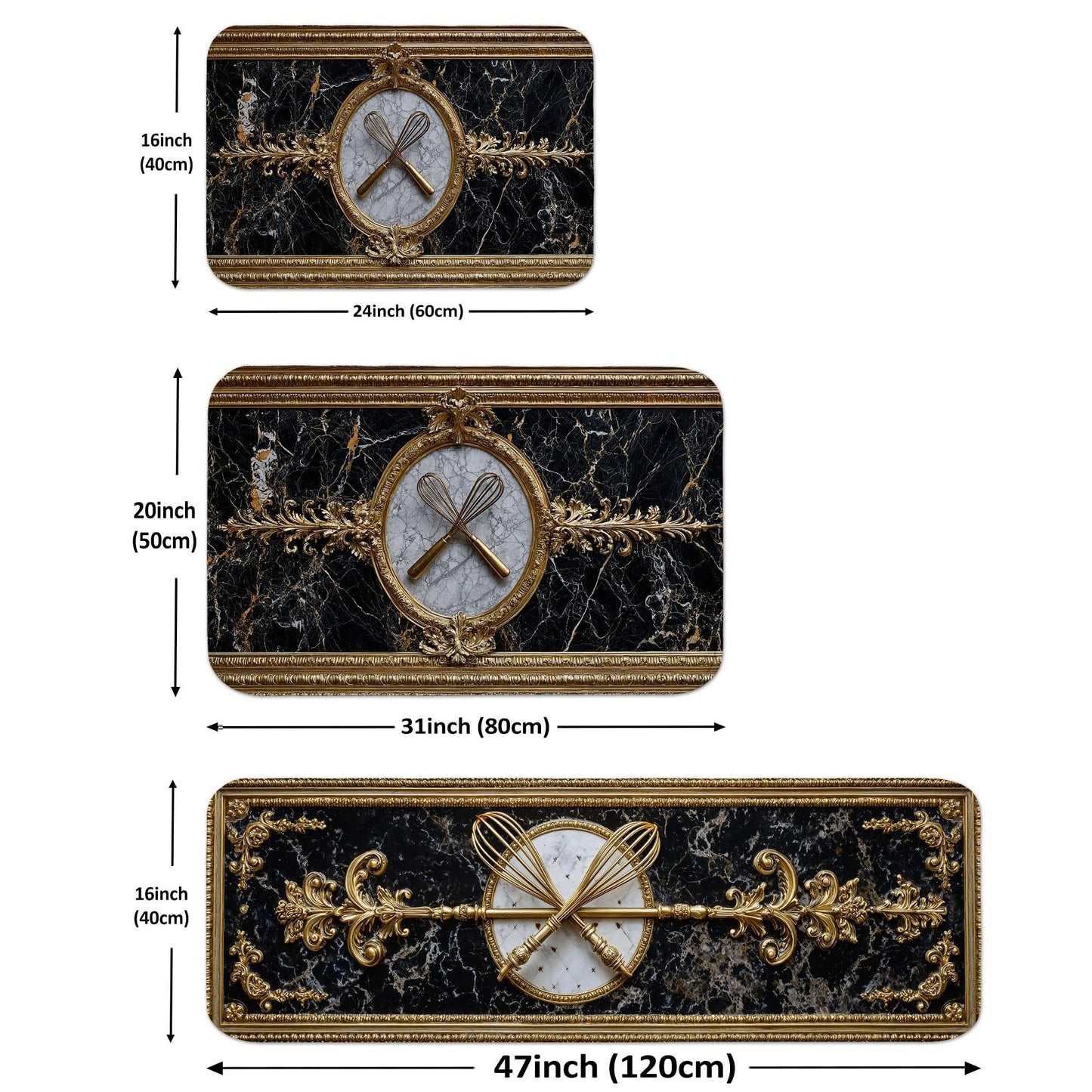 Elegant Kitchen Mats for Floor, Black Marble and Gold Ornate Design Soft Cushioned Non Slip Decor Rugs for Kitchen Sink and Laundry Room 3Pcs