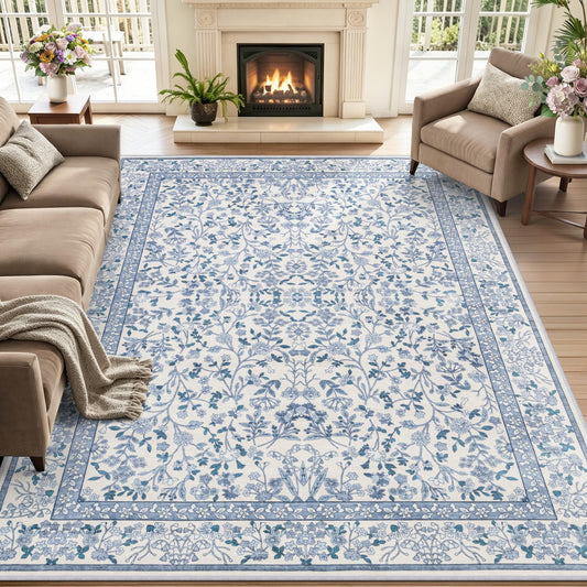 6x9 Area Rugs Living Room Rug: Floral Washable Rug Vintage Boho Soft No Slip Stain Resistant Carpet Indoor Floor Large Carpets for Bedroom Hallway Nursery Dining Room Playroom Home Office Blue