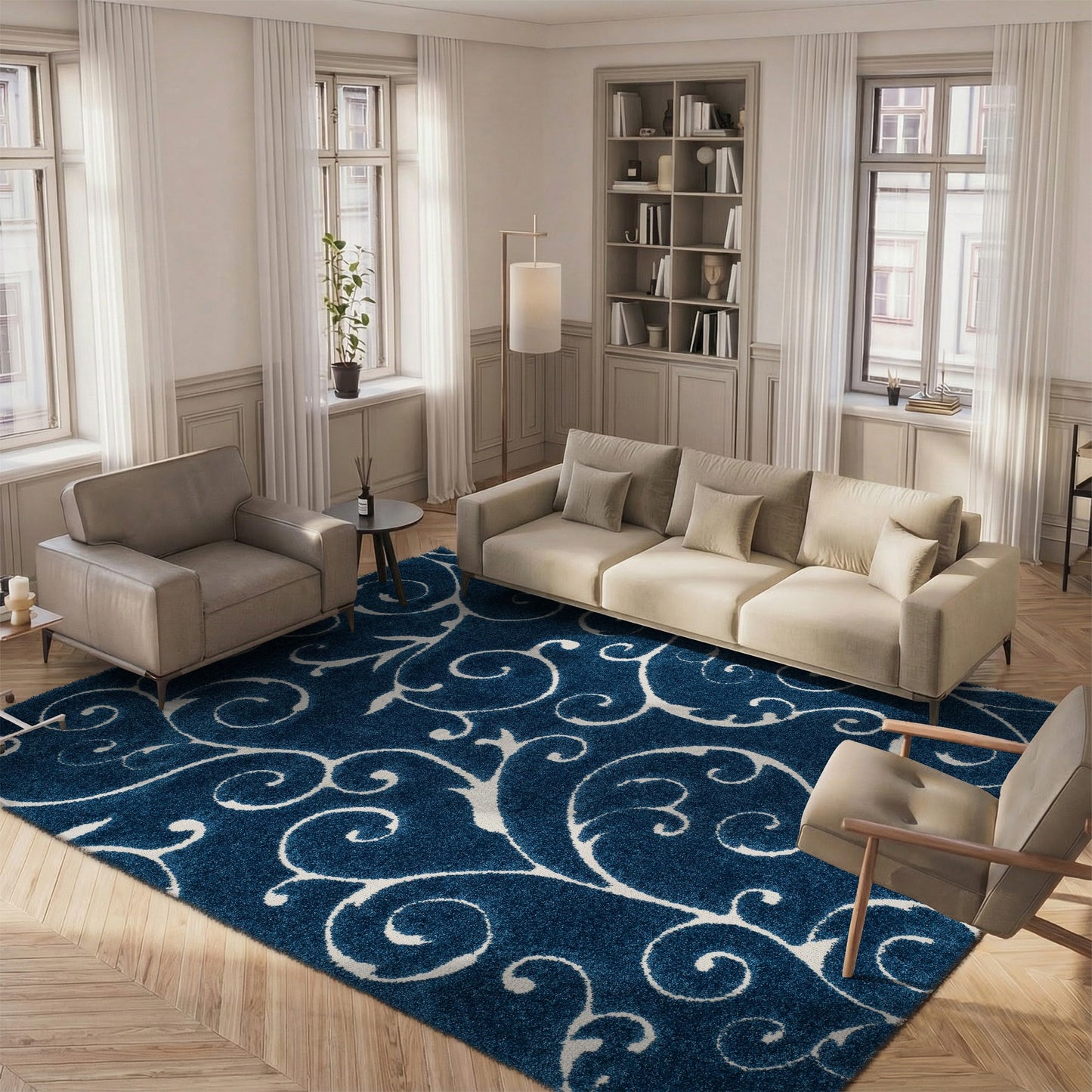 SAFAVIEH Area Rug 9x12 - Florida Shag Collection - Large - Dark Blue & Cream, Scroll Design, Non-Shedding & Easy to Clean, High-Low Plush Pile, Ideal for Living Room, Bedroom, Dining (SG455-6511)