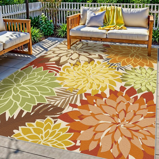 Colorful 5x8 Outdoor Area Rug Washable Multicolored Patio Rug Tropical Botanical Floral Chenille Waterproof Outdoor Carpet for Living Room, Deck, Backyard, Porch, Orange