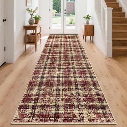 LUXLOOM Washable Rugs 2x10 Runner Rug Modern Plaid Bathroom Rugs Non Slip Kitchen Runner Low Pile Entryway Rug Soft Runners Stain Resistant Carpet for Laundry Hallway Bedside 2'x10' Red