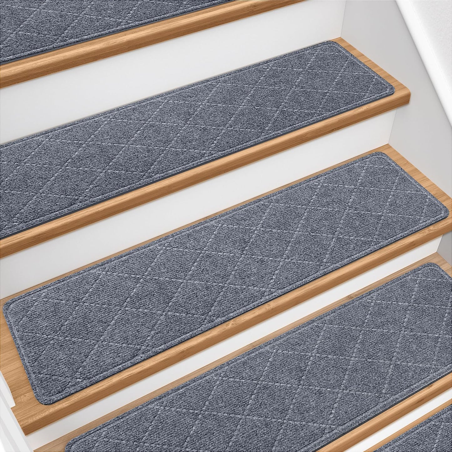 DailyCuddles Stair Treads for Wooden Steps 15 PCS - 8’’ x 30’’, Non Slip Stair Runner, Machine Washable Stair Rugs Strips for Kids Pets and Elderly, Indoor Carpet for Stairs (Grey)