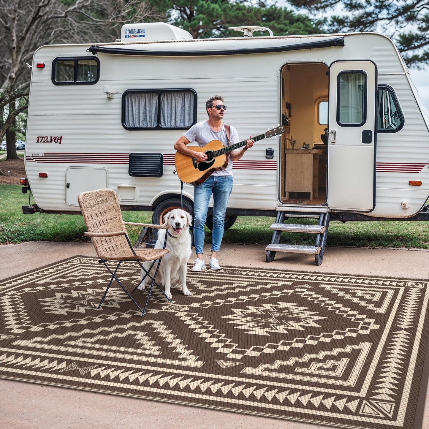 GENIMO Outdoor Rug for Patio Clearance - 9x12 ft Waterproof Plastic Camping Rugs, Reversible Outside Rv Mat Carpet for Porch, Deck, Picnic, Balcony, Beach, Backyard, Coffee Beige