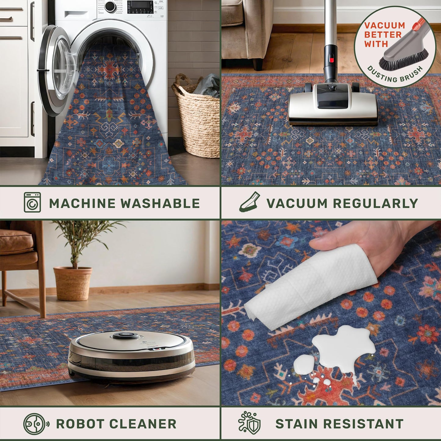 Hazo Haus Navy Blue Runner Rug 2x6 for Kitchen, Hallway, Mudroom, Laundry Room, Bathroom, Washable Non Slip Non Skid Rubber Backing Low Pile Stain Resistance