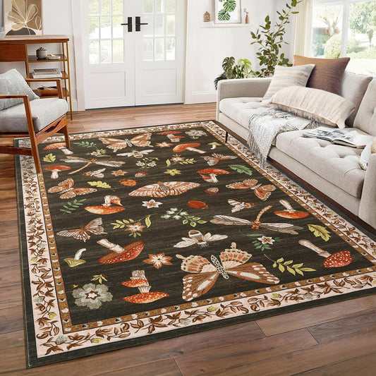 ROYHOME Mushroom Washable Rug 5x7 Area Rugs for Living Room, Insect Print Rug for Bedroom, Non Slip Throw Carpet with Rubber Back, Soft Low Pile Dining Room, Brown