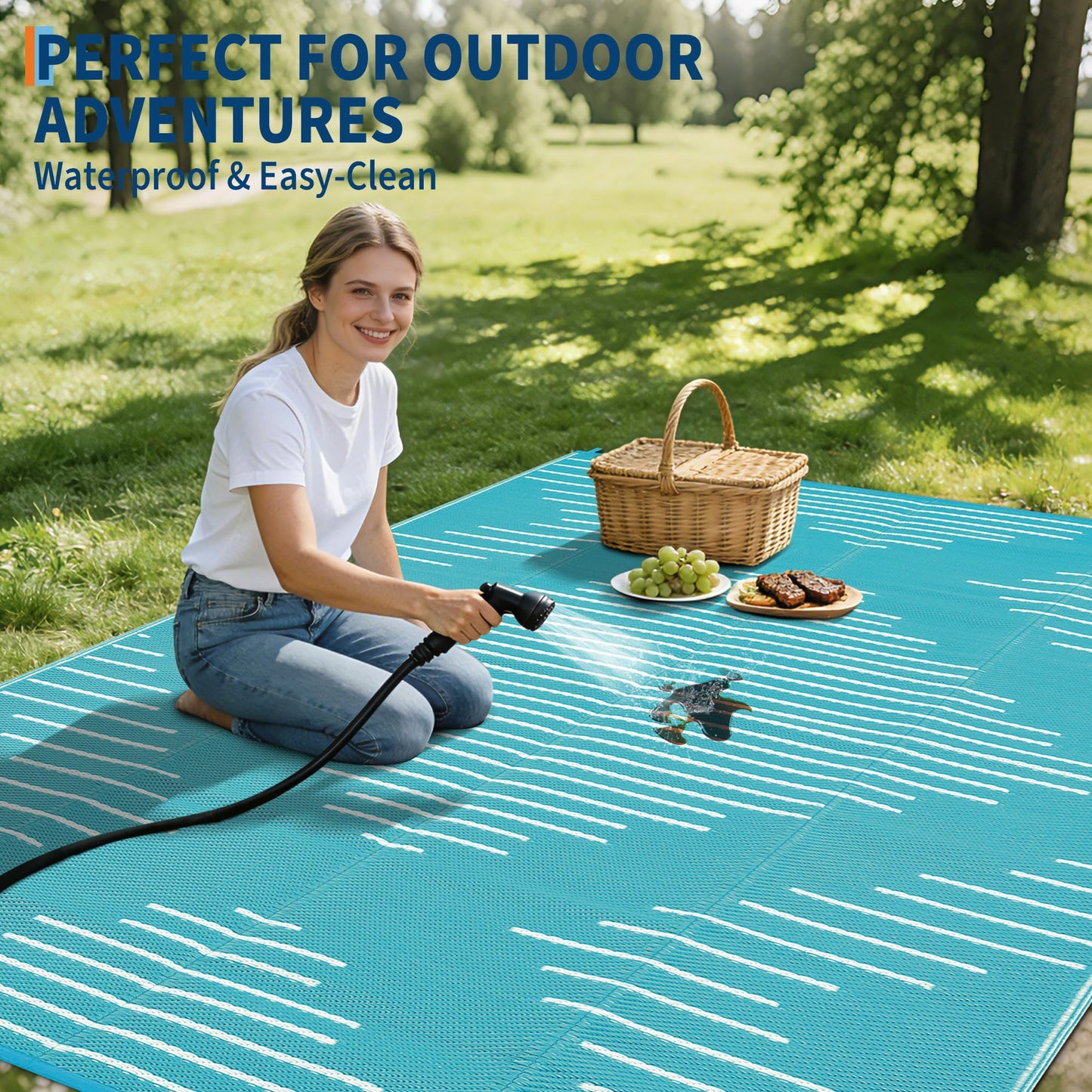 Garvee Waterproof Outdoor Rug 5x8 Rug Plastic Reversible Area Rugs Indoor Outdoor Carpet for Patio RV Porch Balcony Backyard Picnic Light Blue White